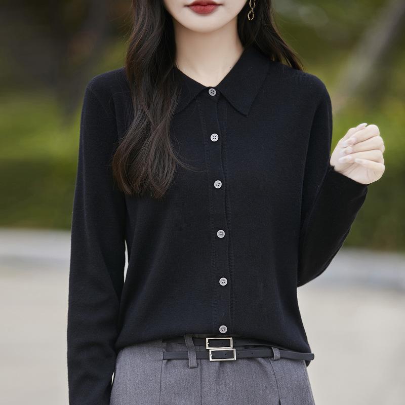 Women's Spring 2025 Lapel Cardigan Sweater - Knitwear Shirt Collar Base Layer or Outerwear Top