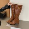 Long boots autumn and winter new retro belt buckle thick heel high boots rear zipper thin knight boots