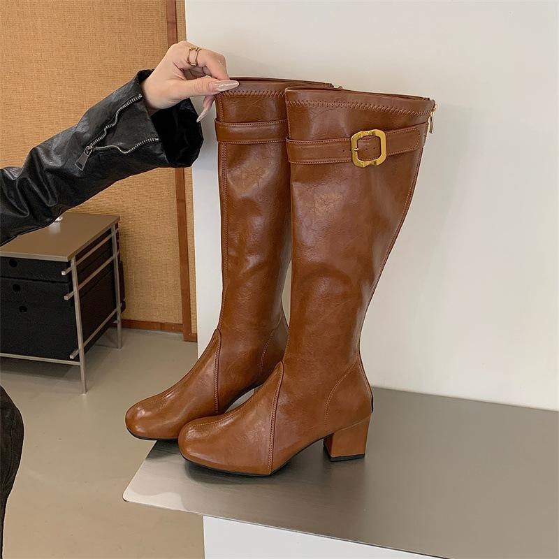Long boots autumn and winter new retro belt buckle thick heel high boots rear zipper thin knight boots