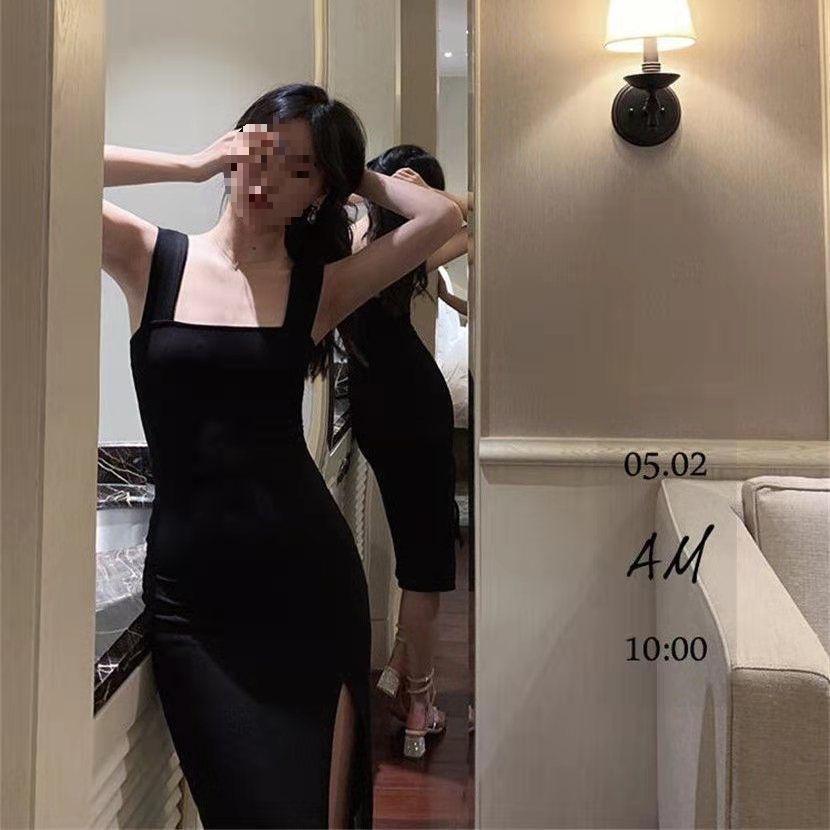 Elegant Black Square Neck Mid-Length Summer Dress with Slit