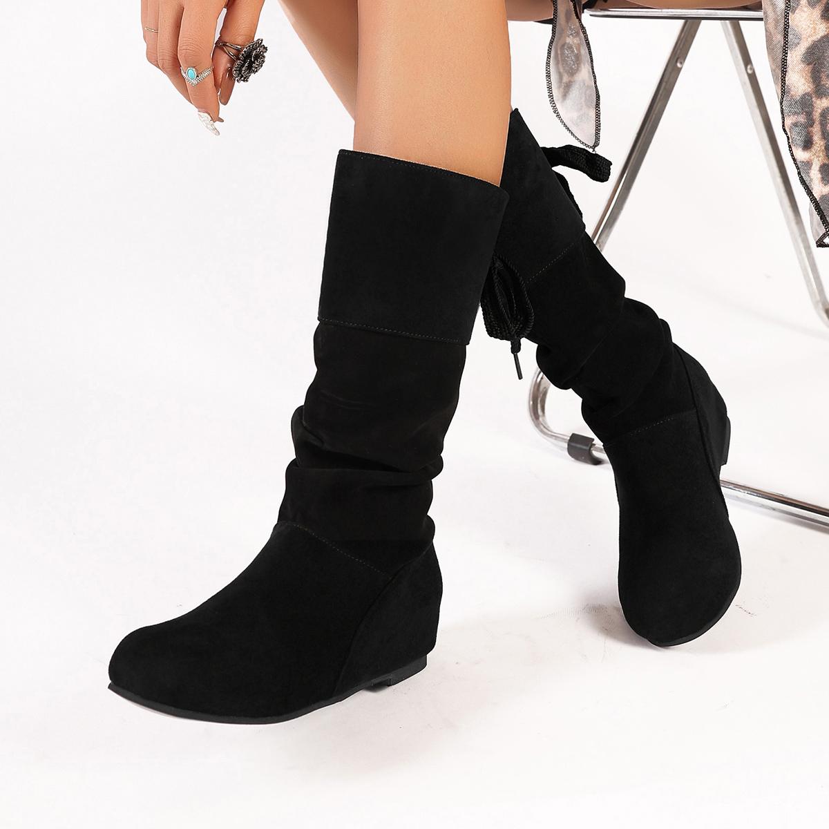 Женская обувь Удобные плиссированные женские сапоги Искусственная замша Флок Сапоги — фото 3