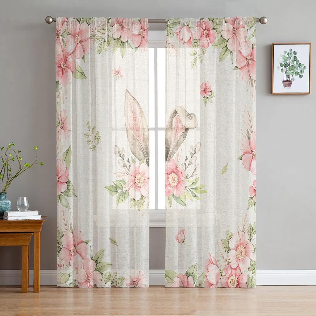 Easter Truck Bunny Butterfly Cherry Blossom Curtains Living Room Voile Curtain Bedroom Tulle Window Drapes Sheer Made Of Polyester Sitting Decor