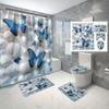 Blue Butterfly Print Polyester Shower Curtain Set With C-Hooks, Machine Washable, Waterproof Woven Bathroom Decor, Fashion Theme