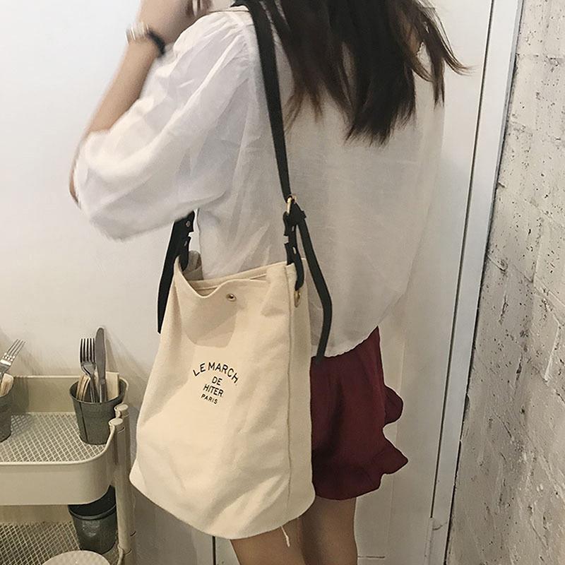 Korean Style Simple Canvas Bucket Bag Synthetic Leather Adjustable Straps Sling Bag For Women Simple Studen Christmas Gift