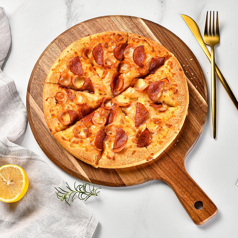 Acacia Wood Round Pizza Serving and Cutting Board with Carry Handle Wooden Tray for Kitchen Pizza and Cheese Platters