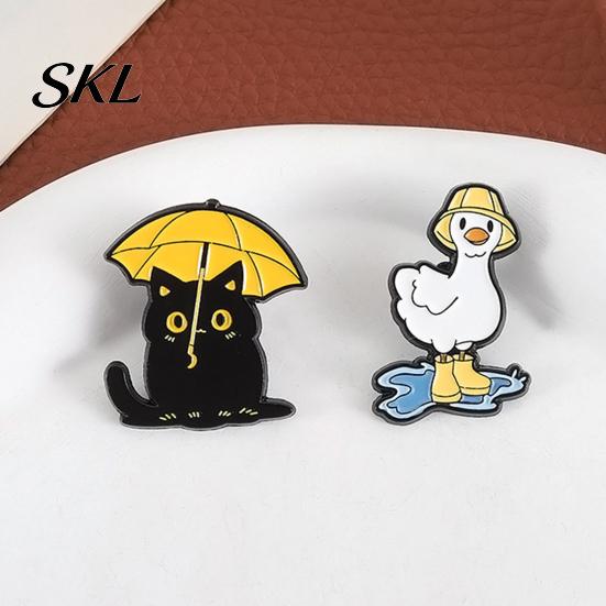 Rainy Day Pin Enamel Brooch, Animal Pin, Black Cat Umbrella Duck Treading Water Colorful Jewelry Badge, Vivid Expressions Stable Metal for Jacket Bag