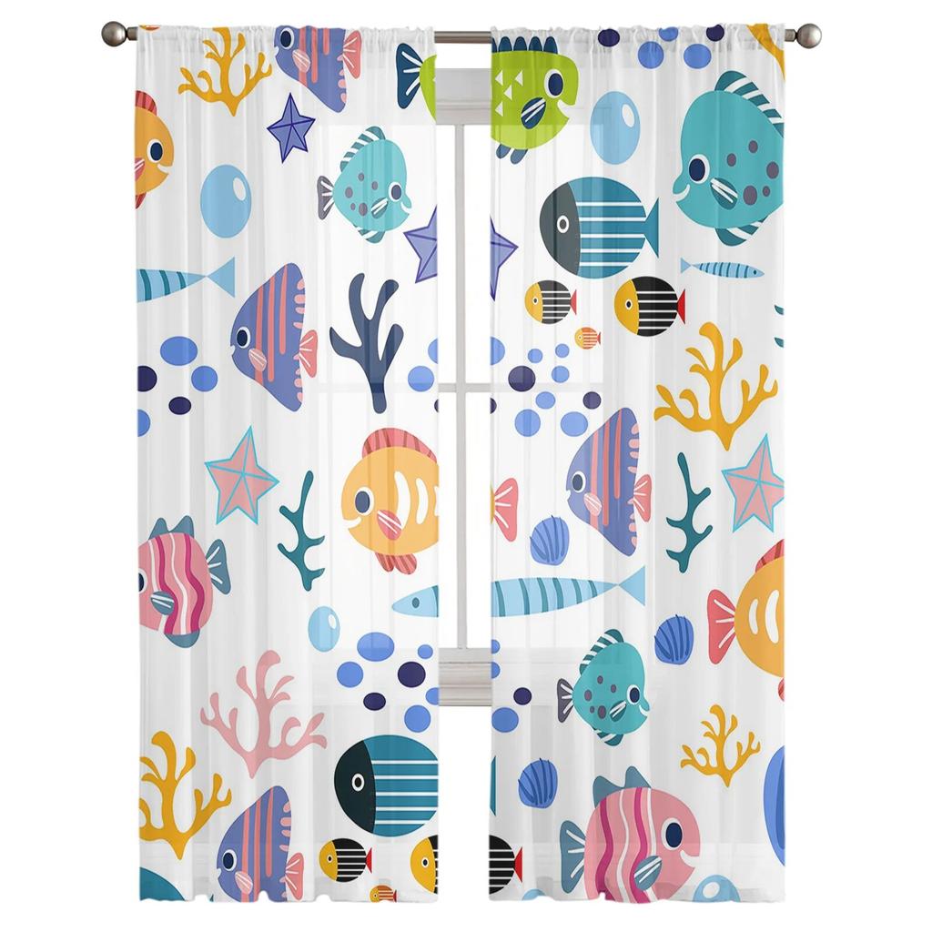 Cartoon Animals Fish Coral Shells Tulle Curtains for Living Room Sheer Curtain for Bedroom Kitchen Blinds Voile Curtains