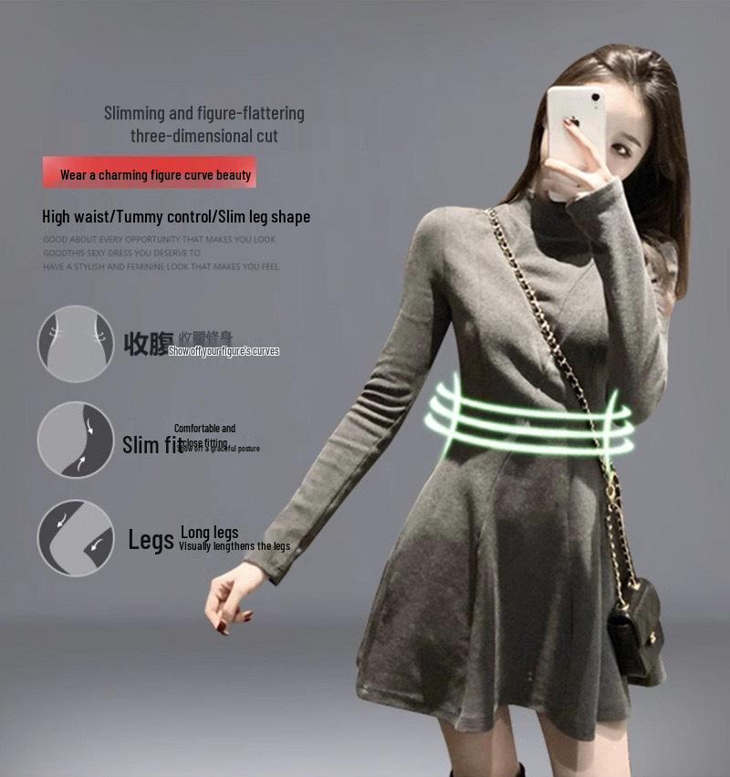 Women's Petite High-Neck Cinched-Waist Thermal Fleece Dress - Slimming A-Line Base Layer