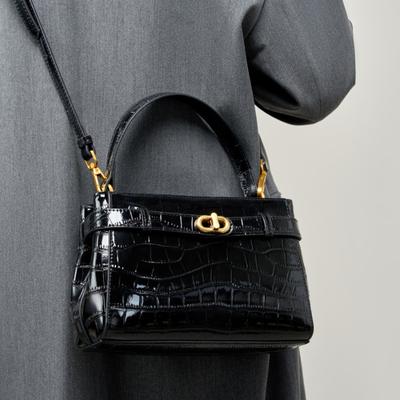 Alligator Print Latched Small Square Leather Tote Commuter Crossbody Bag for Women