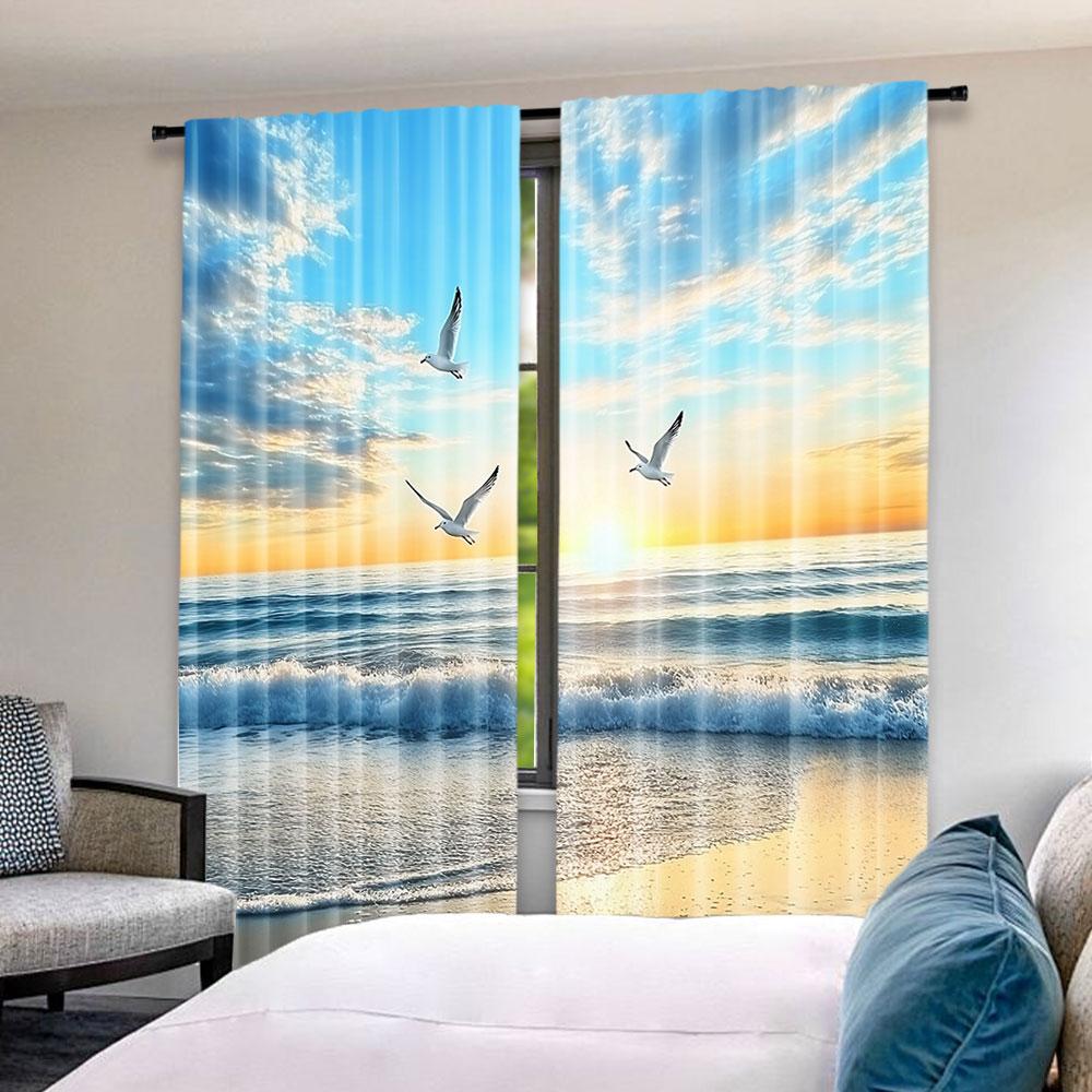 2 Τεμάχια Κουρτίνες με Σχέδιο Πουλιά να Πετούν Δίπλα στη Θάλασσα Κατάλληλες για Υπνοδωμάτιο Κουζίνα Τραπεζαρία Σαλόνι Γραφείο Μπάνιο