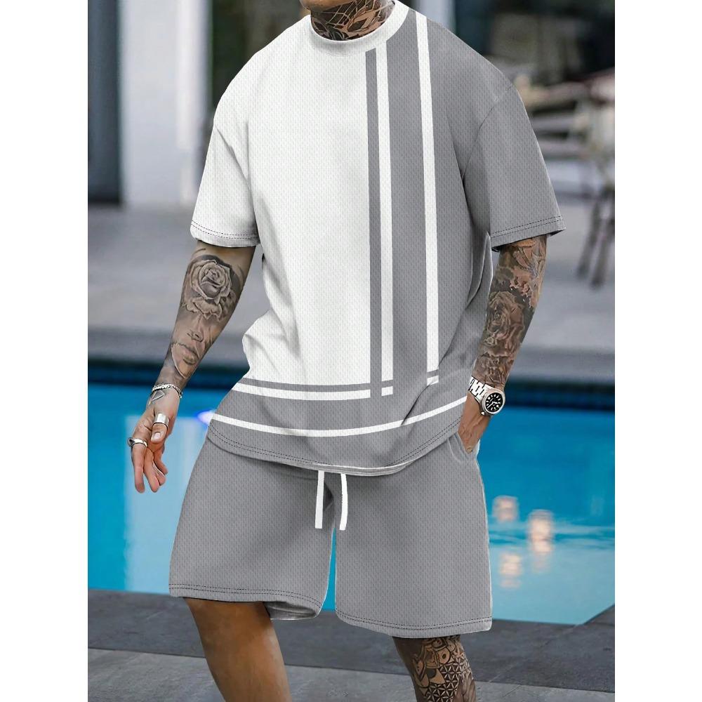 Casual Stripe Printed T-shirt Shorts Set Large Size Loose Men's Short Sleeve Tee Elastic Waist Shorts 2-piece Set Sports Clothes