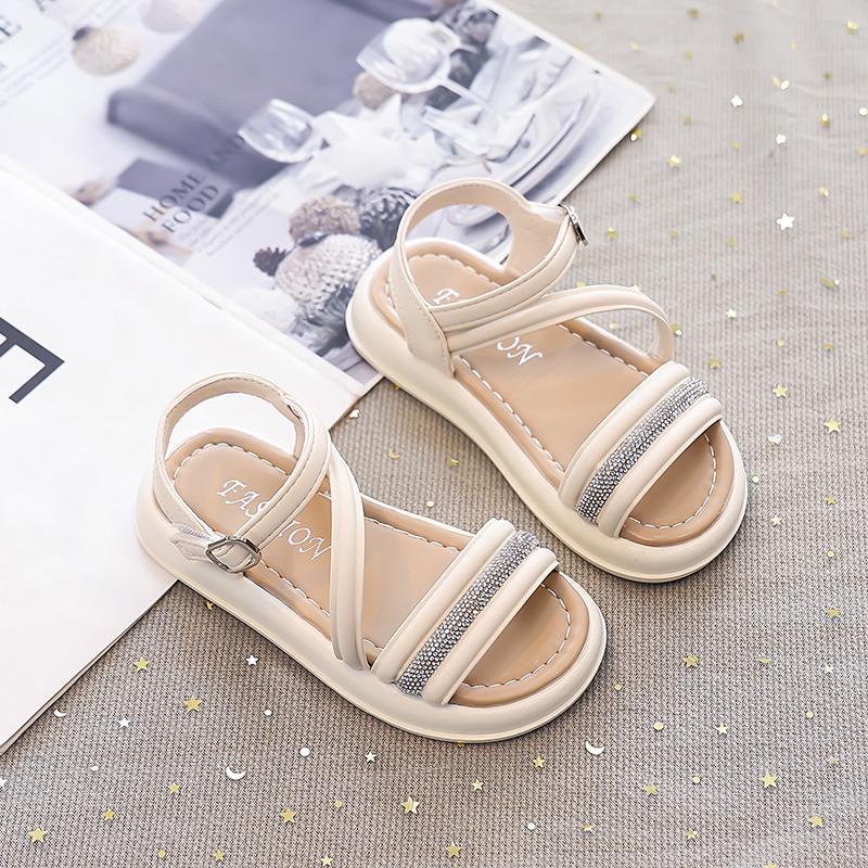 

Пляжная обувь для девочек, с открытым носком, нескользящие детские сандалии на липучке, в стиле принцессы, новинка лета 2025 года, модные детские сандалии для улицы 26 бежевый