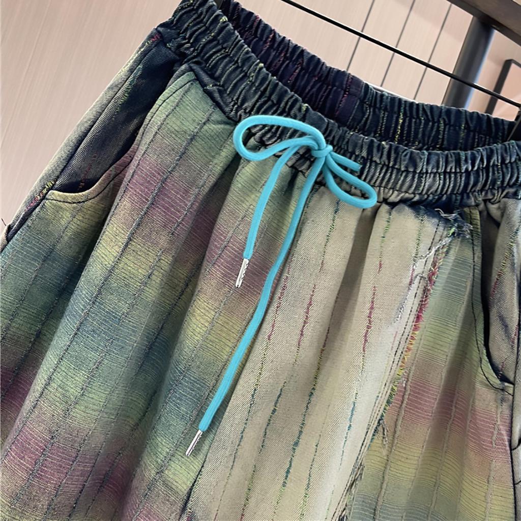 Trendy unique brand exaggerated hanging pants for women, spring-autumn new elastic waistband, loose plus-size patchwork hip-hop jeans