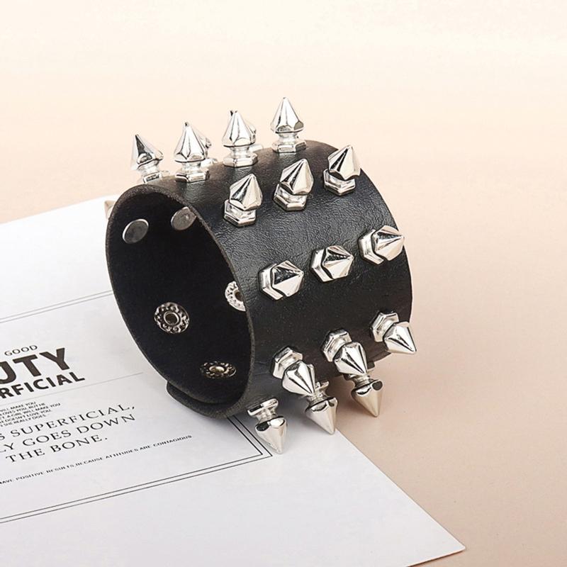 Spiked Studded Bracelet Black Leather Rivets Punk Bracelet Cuff Wrap Bangle Metal Snap Button Wristband for Men Women