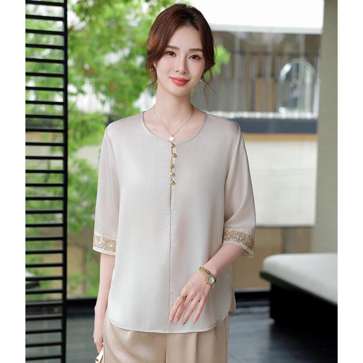

Plus Size Lace Trim Seven-Sleeve T-Shirt for Middle-Aged and Elderly Women 3XL бежевый