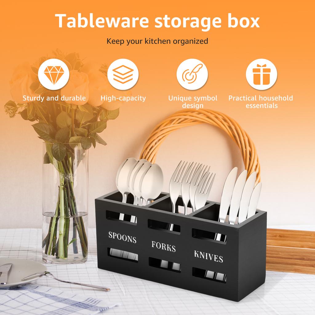 Silverware Caddy Wood Utensil Caddy with 3 Compartments Large Capacity Kitchen Flatware Utensil Holder for Forks Spoons Cutters