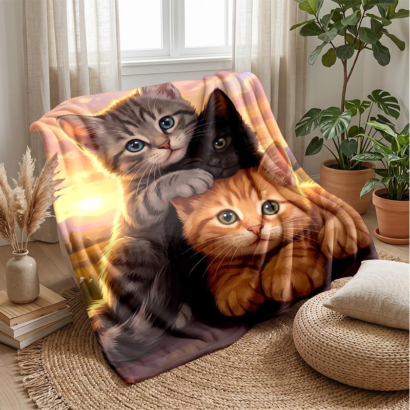 Three Kittens Among Flowers Theme blanket Lightweight Warm Flannel Blanket Decorative Throw Blanket for Home Decoration