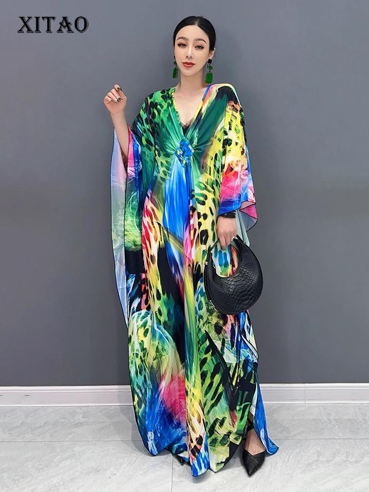XITAO Batwing Sleeve V-neck Print Dress Loose Women ZY8774