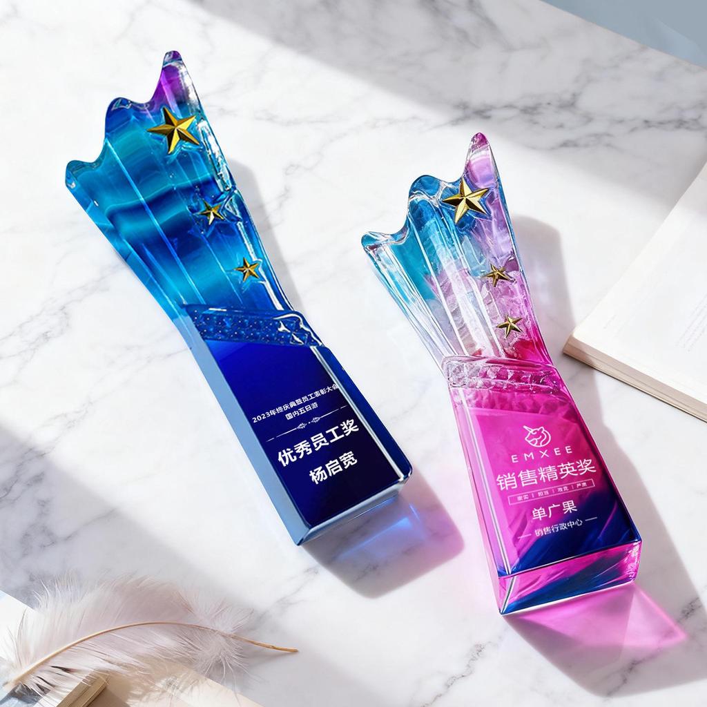 Five-Pointed Star Crystal Trophy: Full-Color Print for Outstanding Team & Employee Recognition at Annual Meeting Events