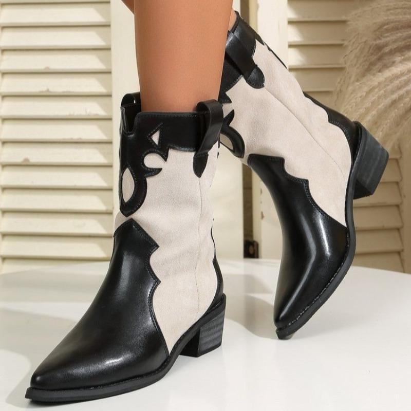 Fashion Spliced Single Boots Autumn New Pointed Toe Sleeve Block Heel Mid-Leg Boots