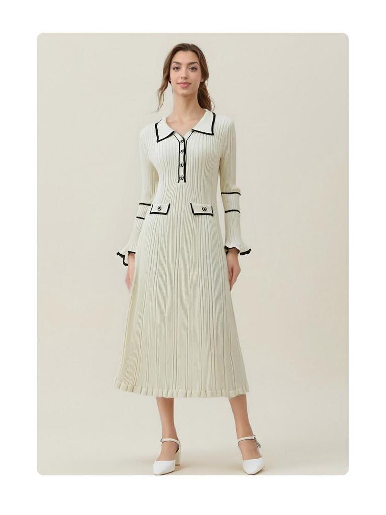 Autumn/Winter Women's Colorblock Knitted Waist-Hugging Long-Sleeve Dress with Turn-Down Collar.