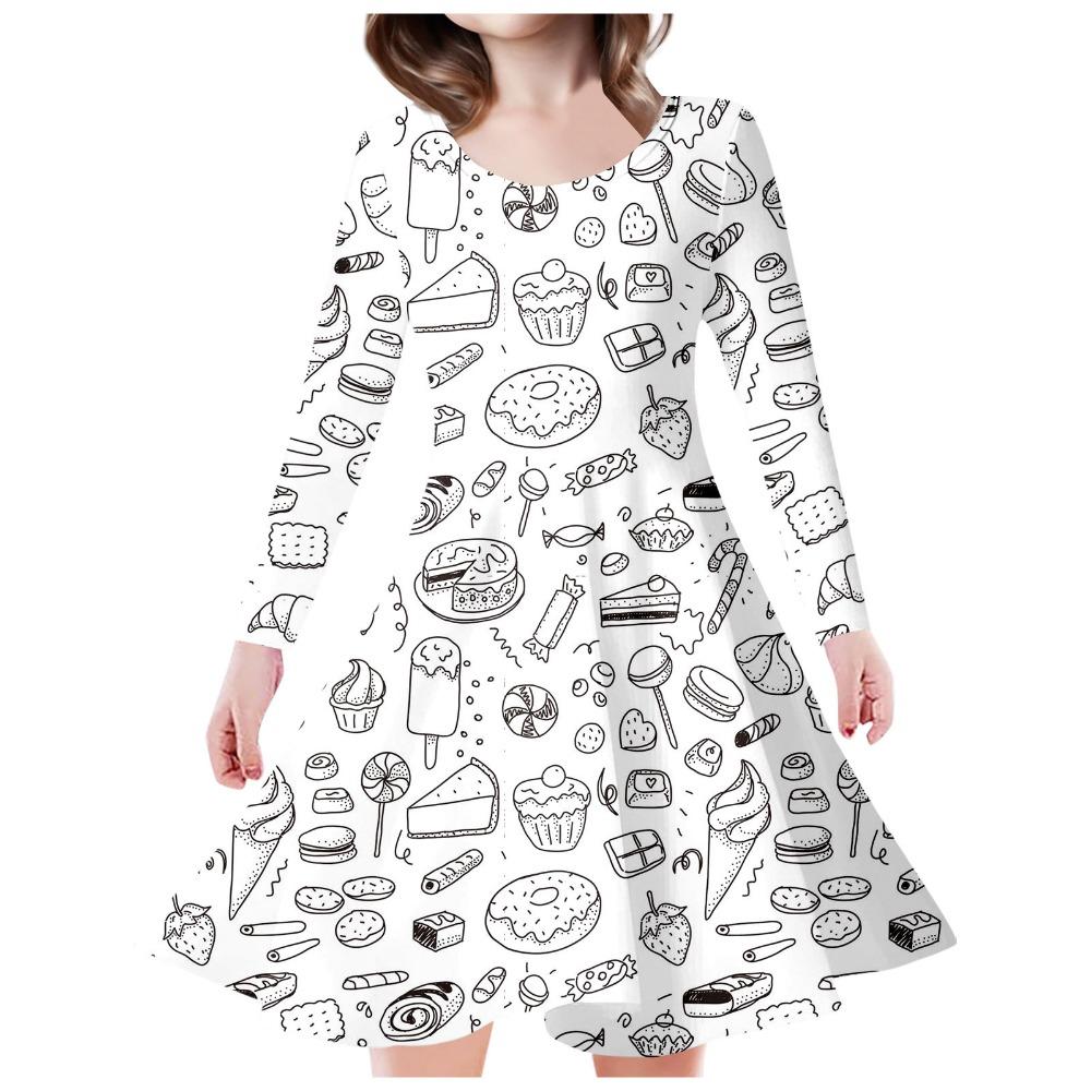 Girls' 3D Cake Doodle Dress Long Sleeve Summer Spring Vacation Daily Holiday Princess Beautiful Sweet Kids 4-12 Years Casual Dress A Line Dress