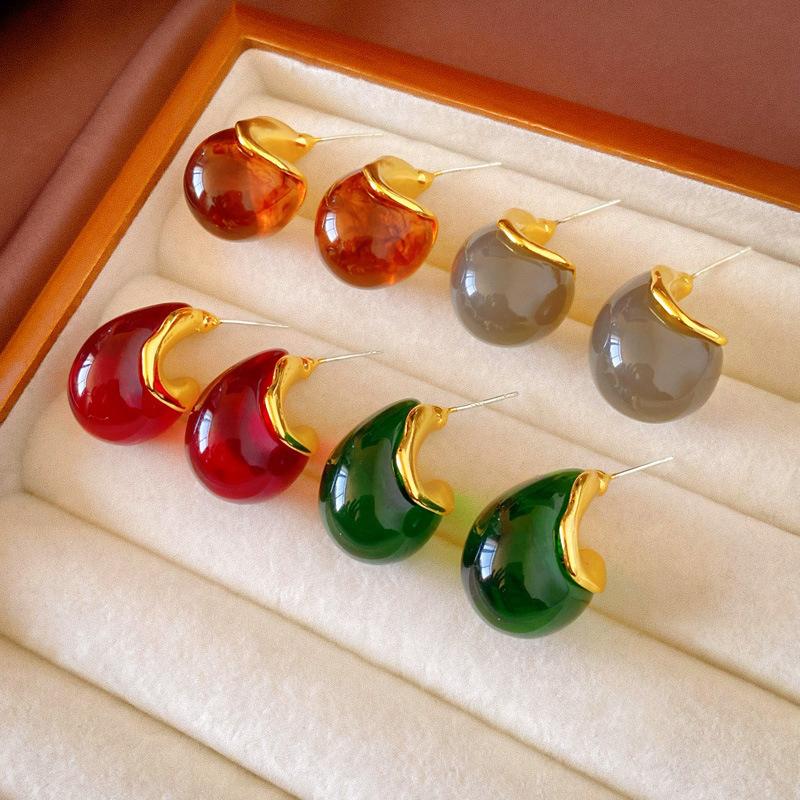 Maillard Resin Amber Water Drop Doudou Silver Needle Earrings Retro Simple Earrings