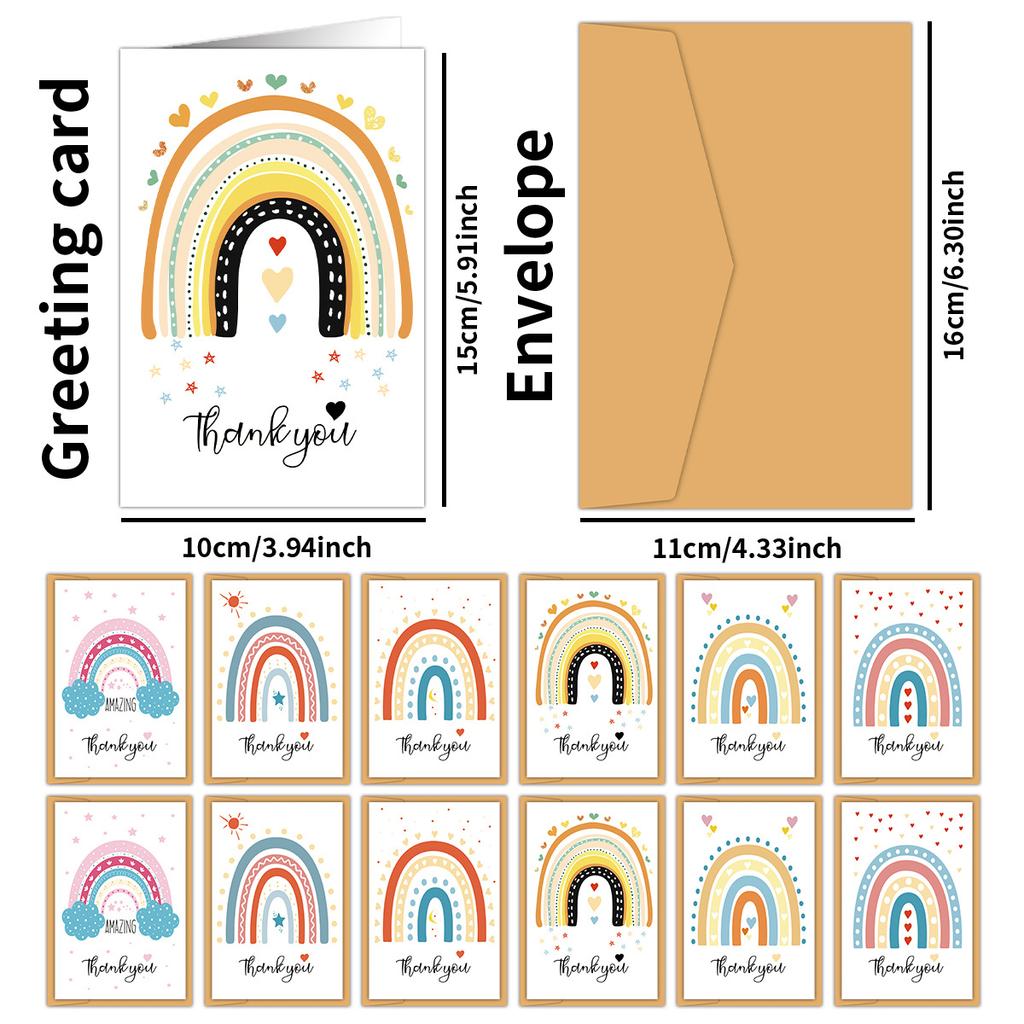 12pcs Cute Rainbow Heart Thank You Cards Set with Envelopes, Birthday Greeting Cards with Messages for Invitations & Gifts