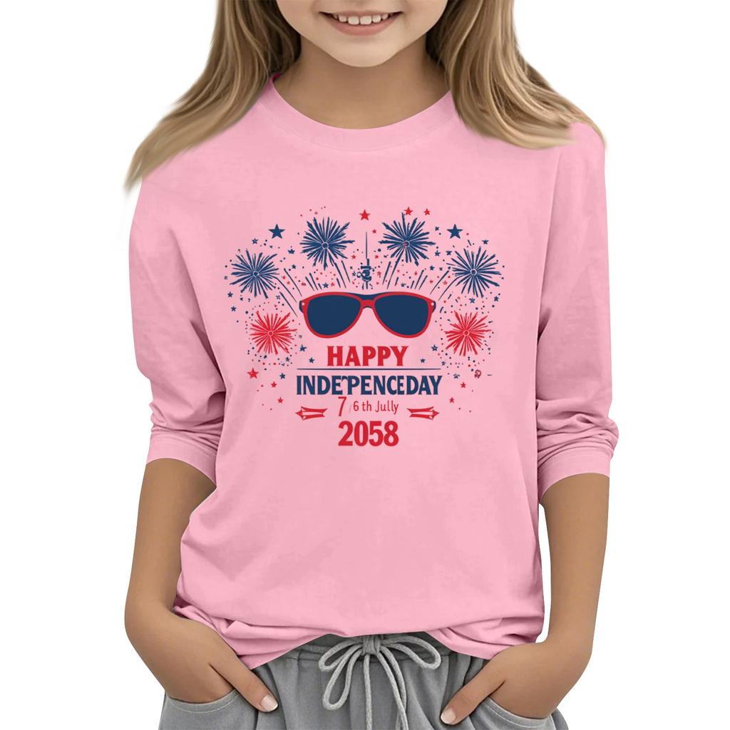 Tricou casual cu mâneci 3/4 pentru copii, cu gât rotund și imprimeu pentru Ziua Independenței