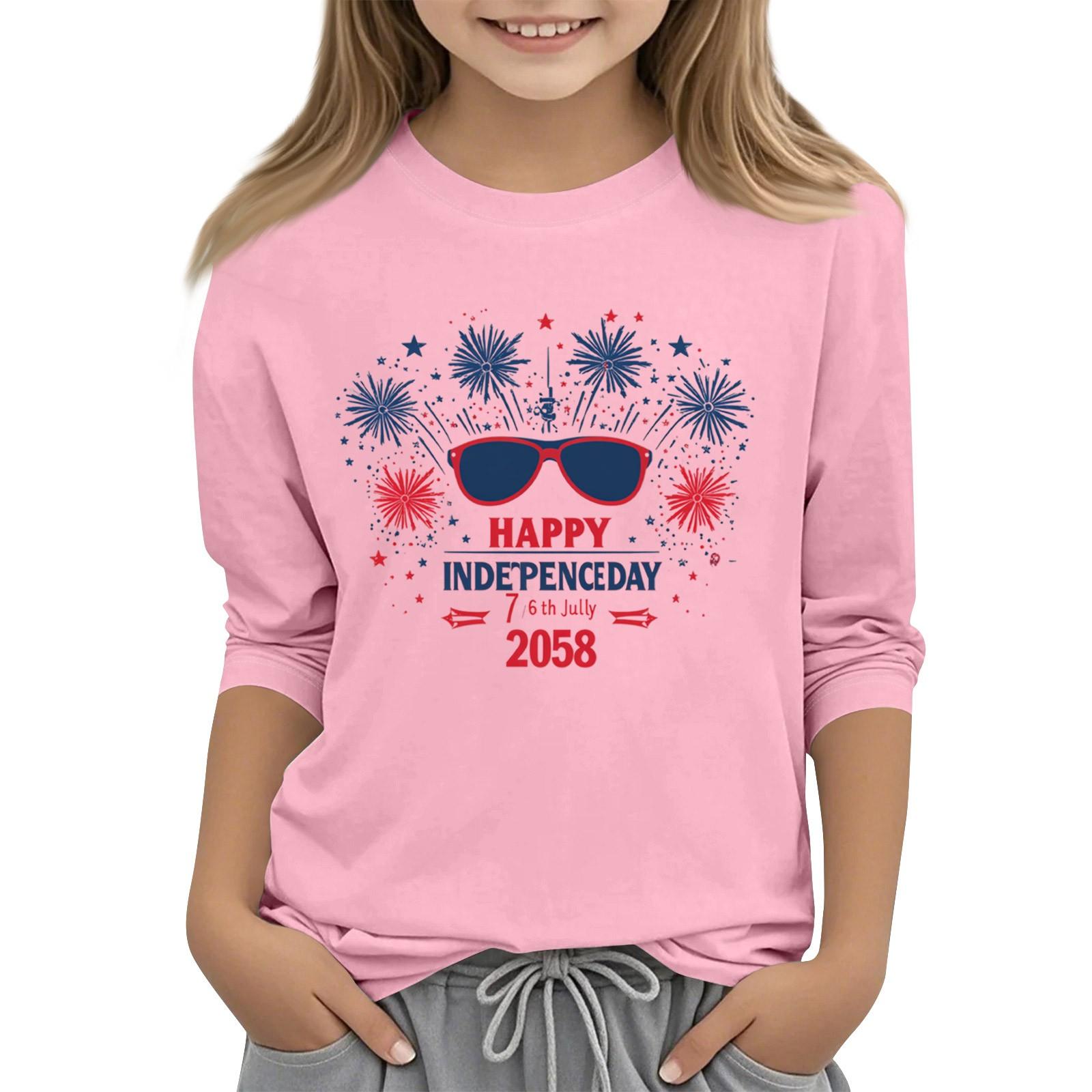 

Children s 3/4 Sleeve Independence Day Printed Round Neck Casual T-shirt 160 розовый