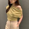 Women's French Style Asymmetrical Oblique Shoulder Top, Loose Fit Solid Color Short Sleeve Pullover T-Shirt for Summer