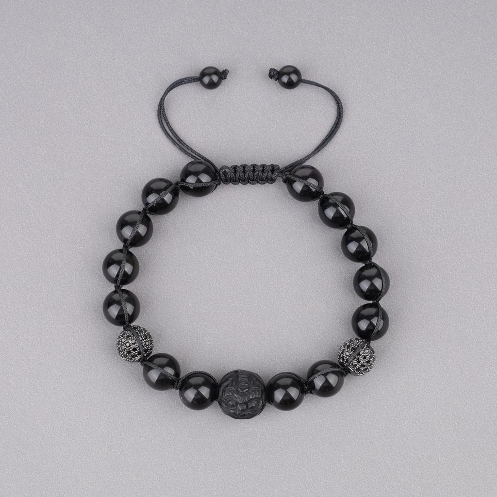 Koai Pixiu Carved Obsidian CZ Diamond Power Stone Bracelet for Good Luck and Adjustable Prayer Beads Evil, Length, Men's