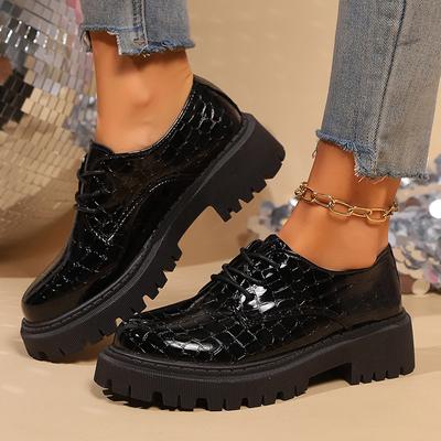 Scarpe Oxford da donna con plateau grosso, tinta unita, allacciatura alla moda, in pelle verniciata, punta tonda, eleganti, taglie forti.