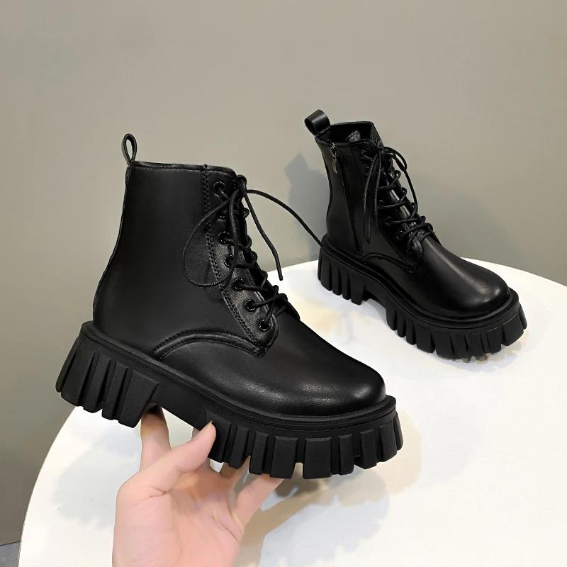 Botas De Motocicleta Con Plataforma Para Mujer, Botines Con Cordones, Tacón Grueso, Hebilla De Cinturón, Bolsillo
