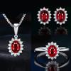 Elegant CZ Gemstone Pendant Necklace Set With Earrings Ring Women Blue Red Yellow Green Purple White Zircon Jewelry