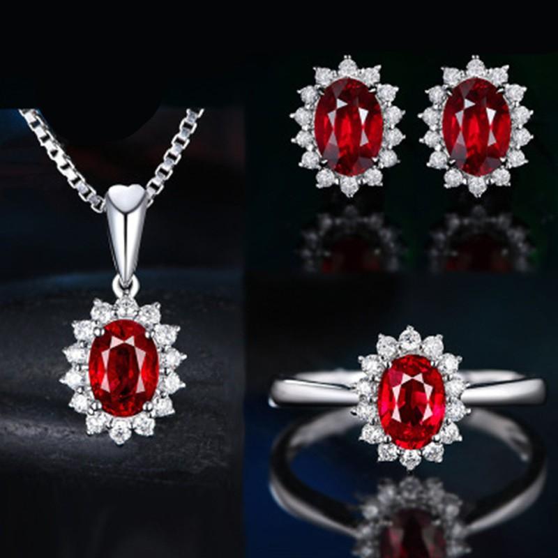 Elegant CZ Gemstone Pendant Necklace Set With Earrings Ring Women Blue Red Yellow Green Purple White Zircon Jewelry