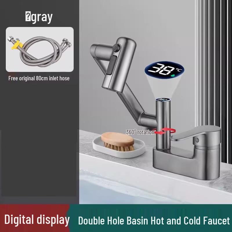 OEING Gunmetal Grey Digital Display Basin Faucet with Mechanical Arm