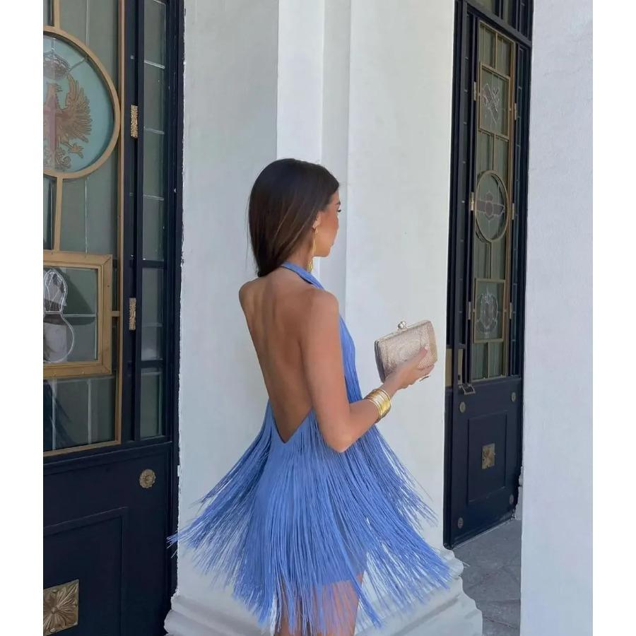 Chic Fringe Halter Mini Dress Women Sexy Sleeveless Off-shoulder Backless Bodycon Dresses Lady Summer Vacation Beach Gowns 2026