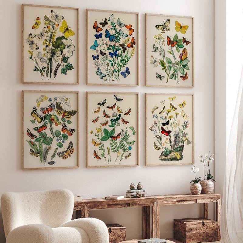 Butterfly Set of 6 Prints Poster Botanical Floral Poster Summer Insect Flower Canvas Painting Wall Art Nursery Room Home Decor