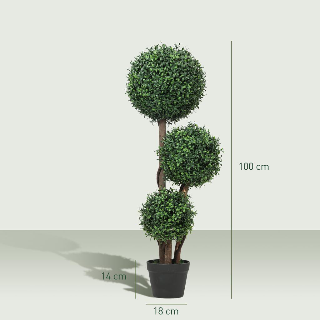 Artificial Boxwood Tree, 100 cm, 3 Balls, Potted, Indoor/Outdoor, Green