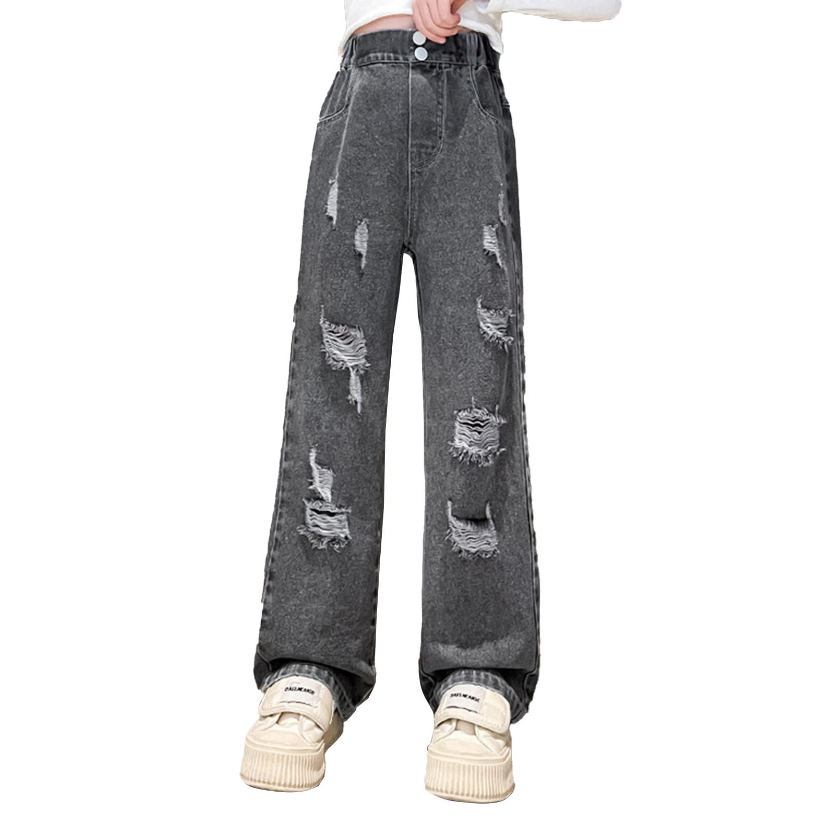 IEFiEL Casual kinderkleding Losse broek voor meisjes Hoge taille gescheurde denim lange broek met wijde pijpen 9-10 Years donkergrijze kleur