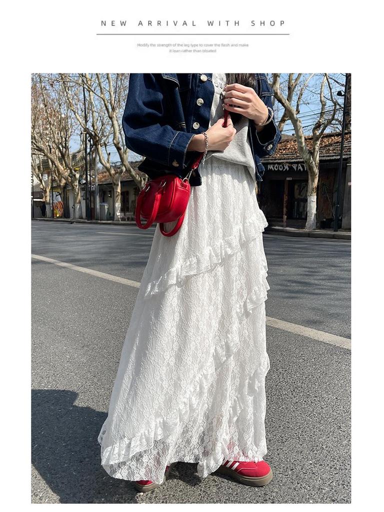 Women's White Lace A-Line Irregular Long Skirt, Spring/Autumn 2026 Collection