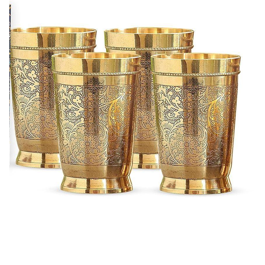 Pure Brass Glass Tumbler, for Drinking Serving Water, Yoga & Ayurveda (Pack of 4, Embossed Design)