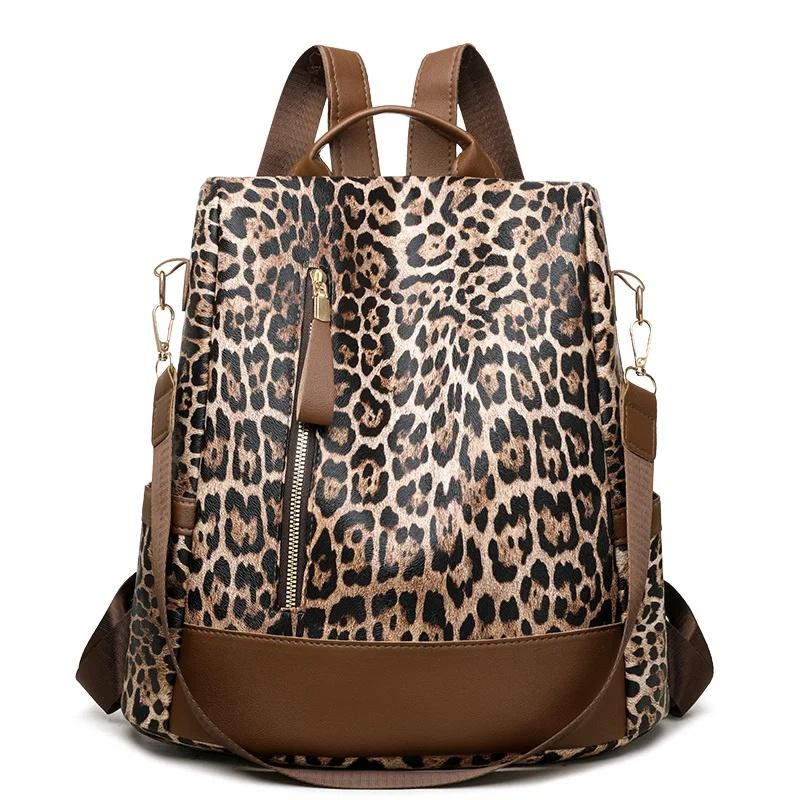Fashionable Leopard Print Large Capacity Casual Travel Women s Backpack Anti-Theft Shoulder Bag Simple Design Cross-Border New M