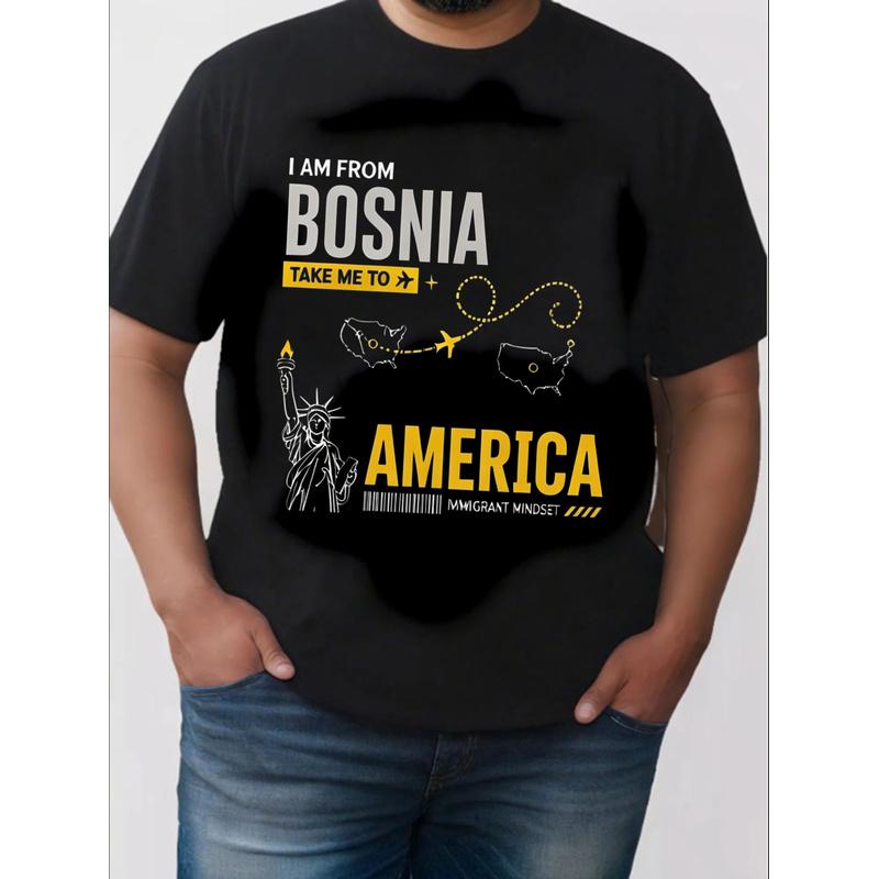 Men's Bosnia Travel T-Shirt - Bosnia & America Map Print with "I Am From Bosnia" Quote, Loose Fit Casual Round Neck Tee Suitable for Bosnian Pride,