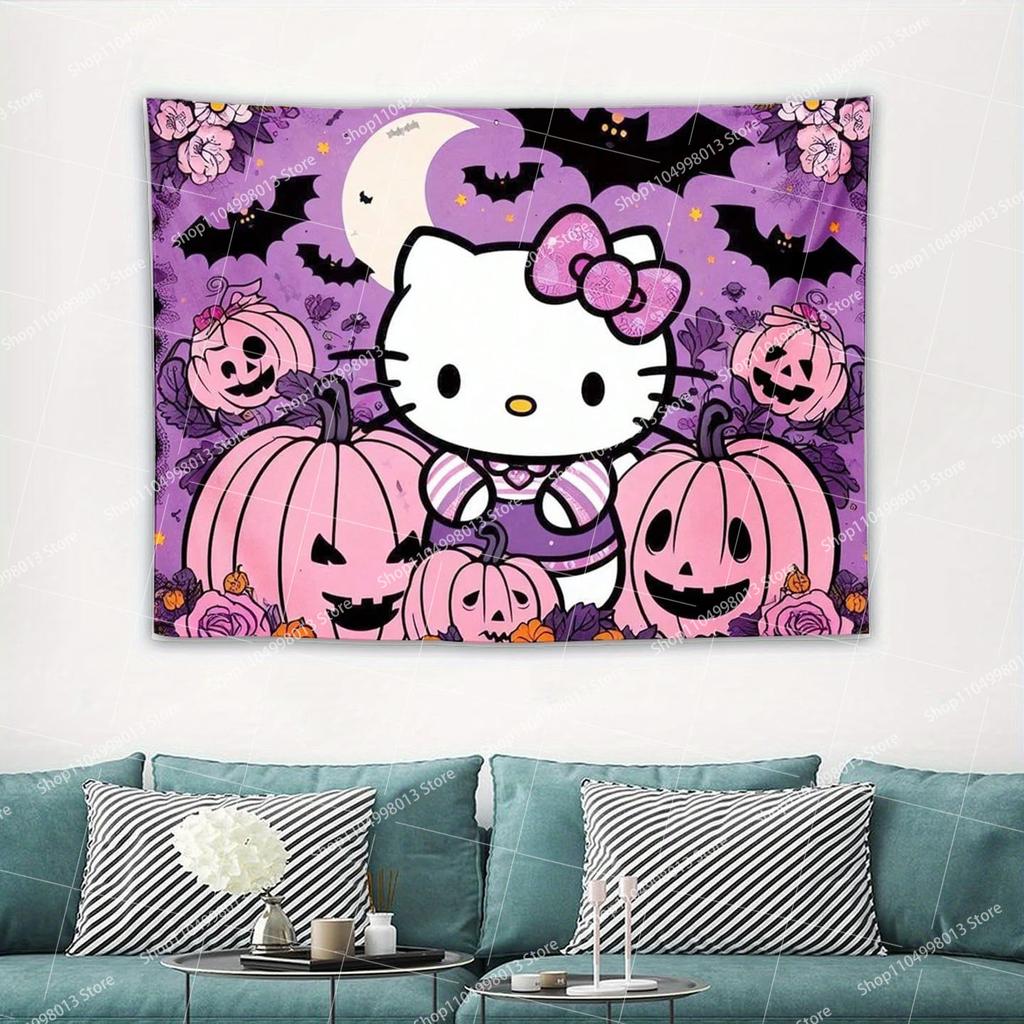 Sanrio Halloween Hello Kitty Printed Tapestry Cartoon Cute Bedroom Wall Decoration Dormitory Apartment Halloween Party Decoratio