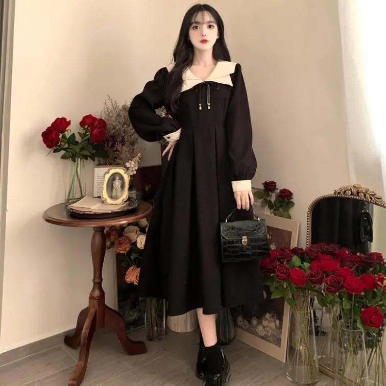 Large Size Women's Clothing Autumn and Winter French Dress Dress, Fat Sister Age Reduction College Style Waist a Word Medium and Long Skirt Tide