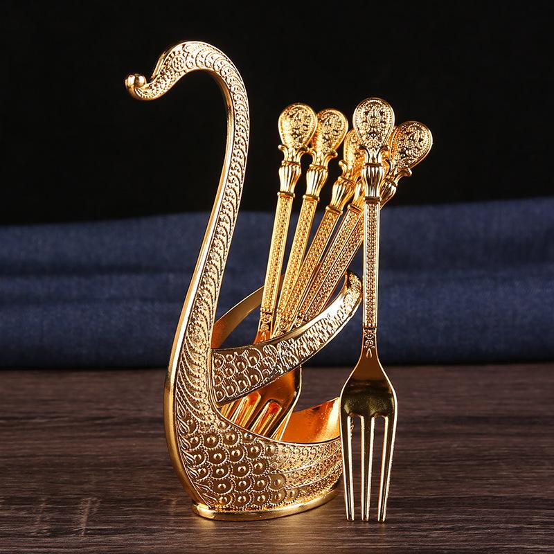 Light luxury fruit fork dessert fruit stick pure copper swan base creative high-end tableware dim sum coffee spoon set