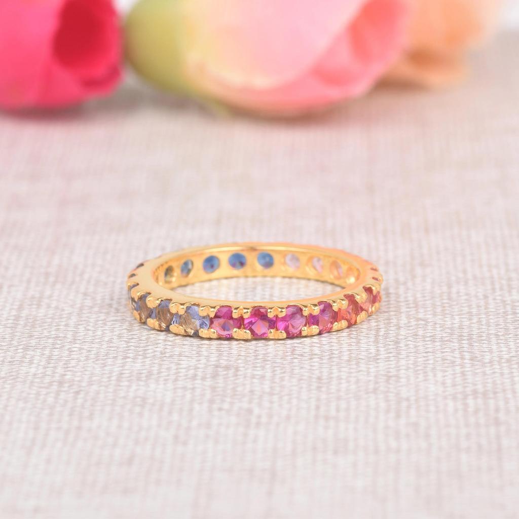 Sapphire Rose Gold Plated Wedding Band: Vintage Art Deco Bridal Ring: Multicolor Sapphire Engagement Ring: Minimalist Jewelry Gift
