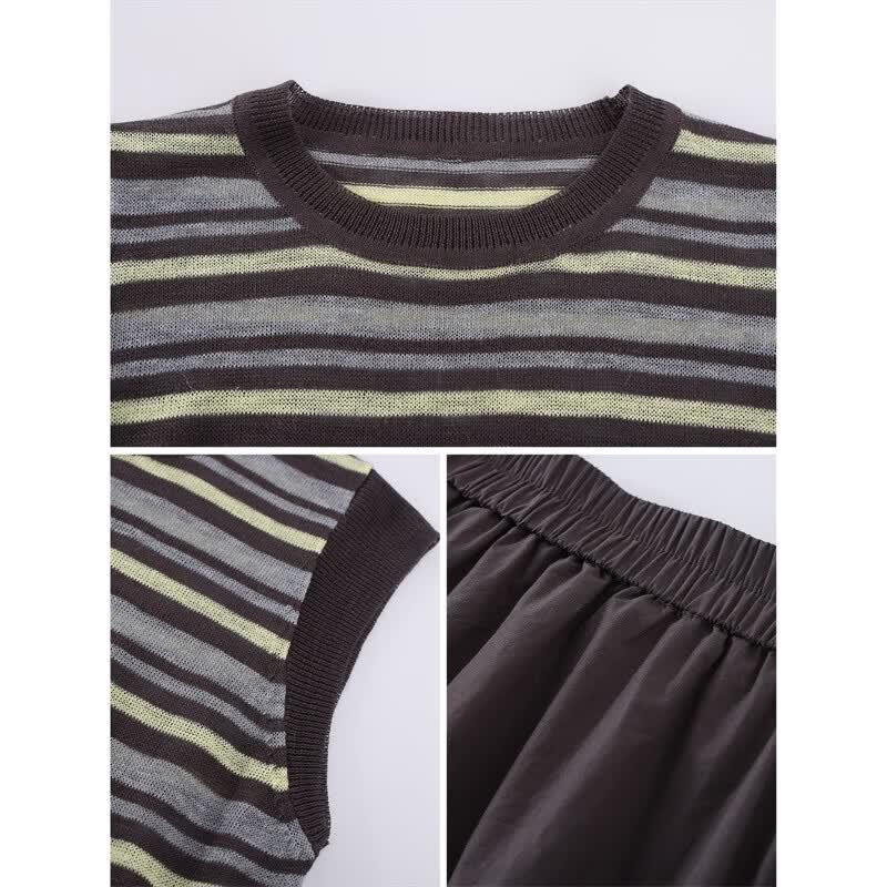 Women's Striped Sleeveless T-Shirt & A-Line Skirt Set